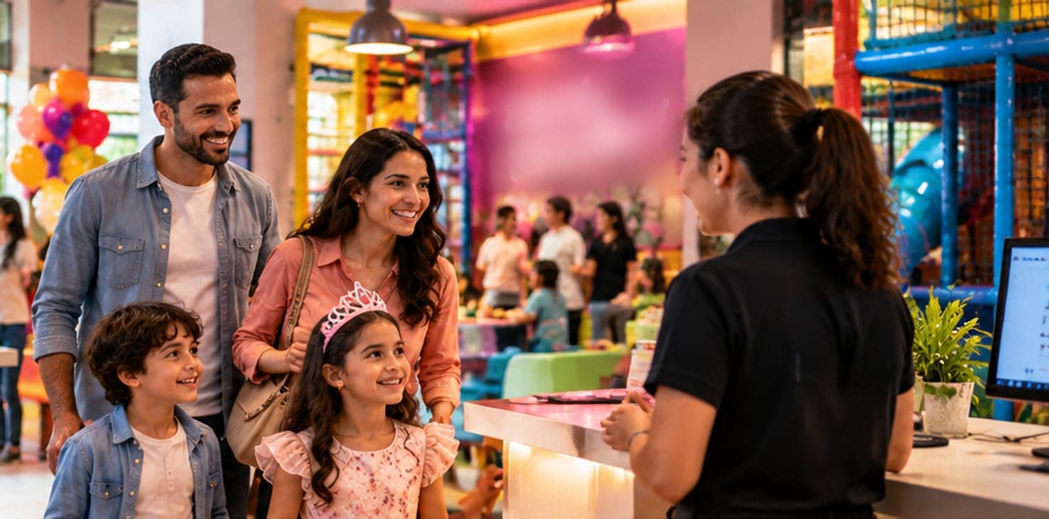 À l'accueil d'un centre de loisirs, une employée reçoit une famille venue fêter l'anniversaire de sa fille ; derrière, des ballons, des tables et des structures de jeux