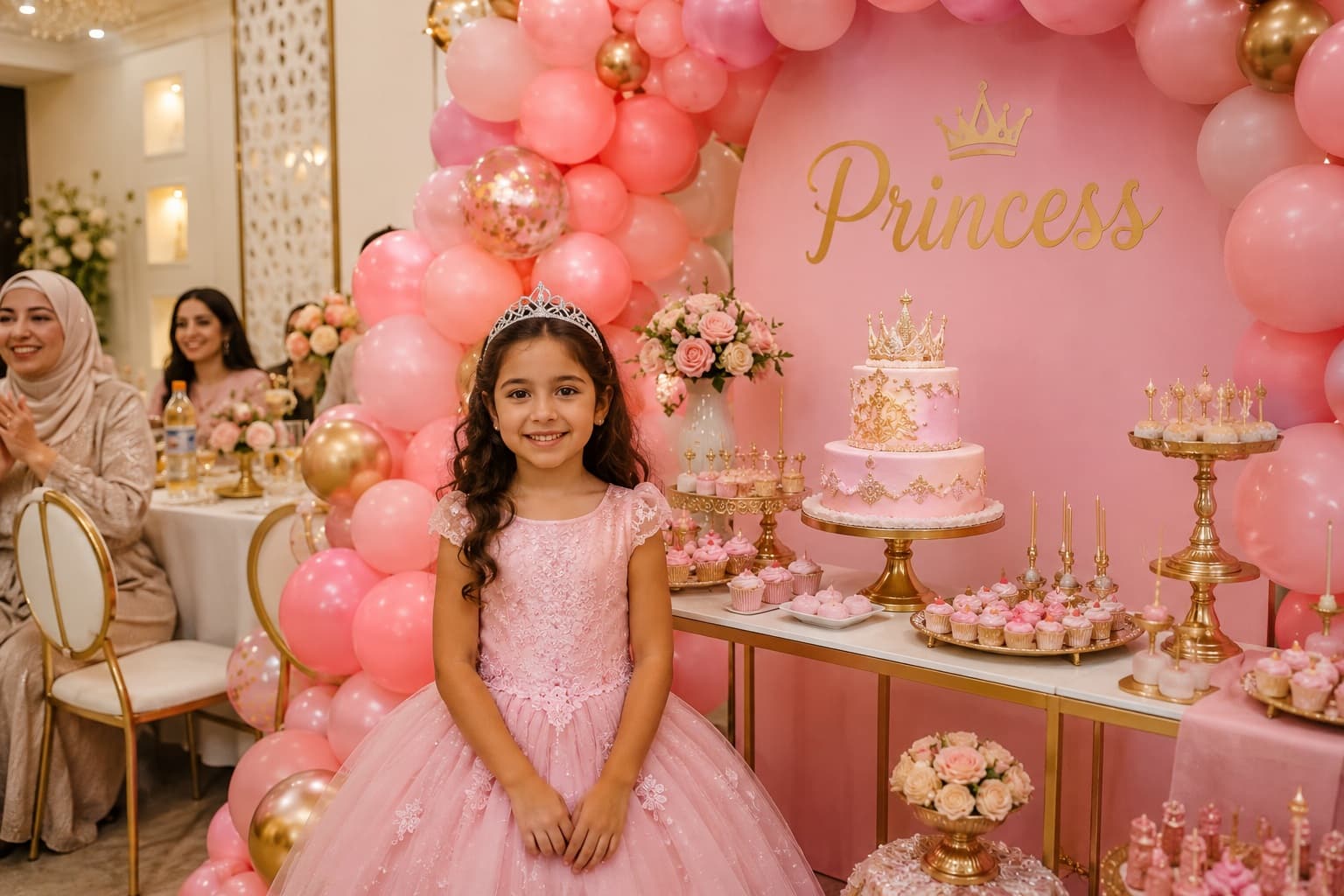 Une petite fille en robe de princesse devant une arche de ballons roses et une table de gâteaux, dans une salle de fête